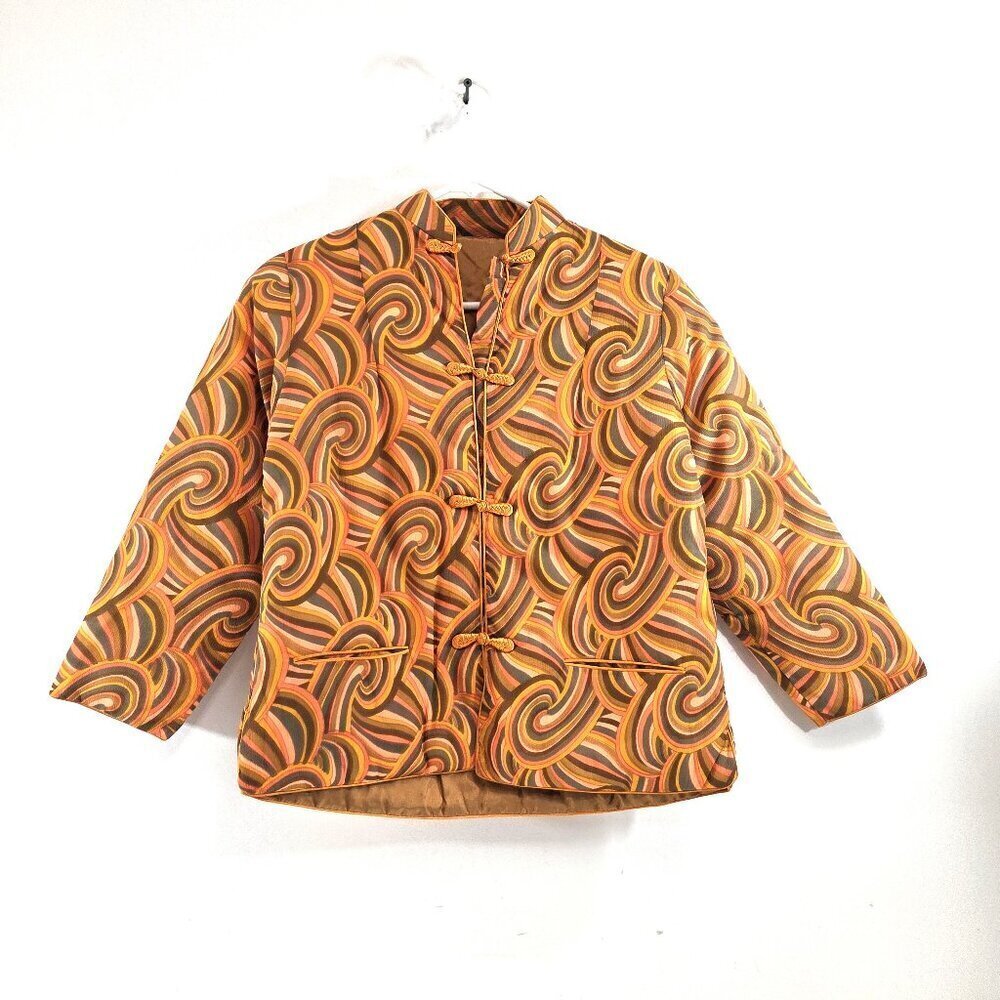 Ladies Asian Frog Button Quilted Blouse Orange Swirl Pattern Size Small Vintage